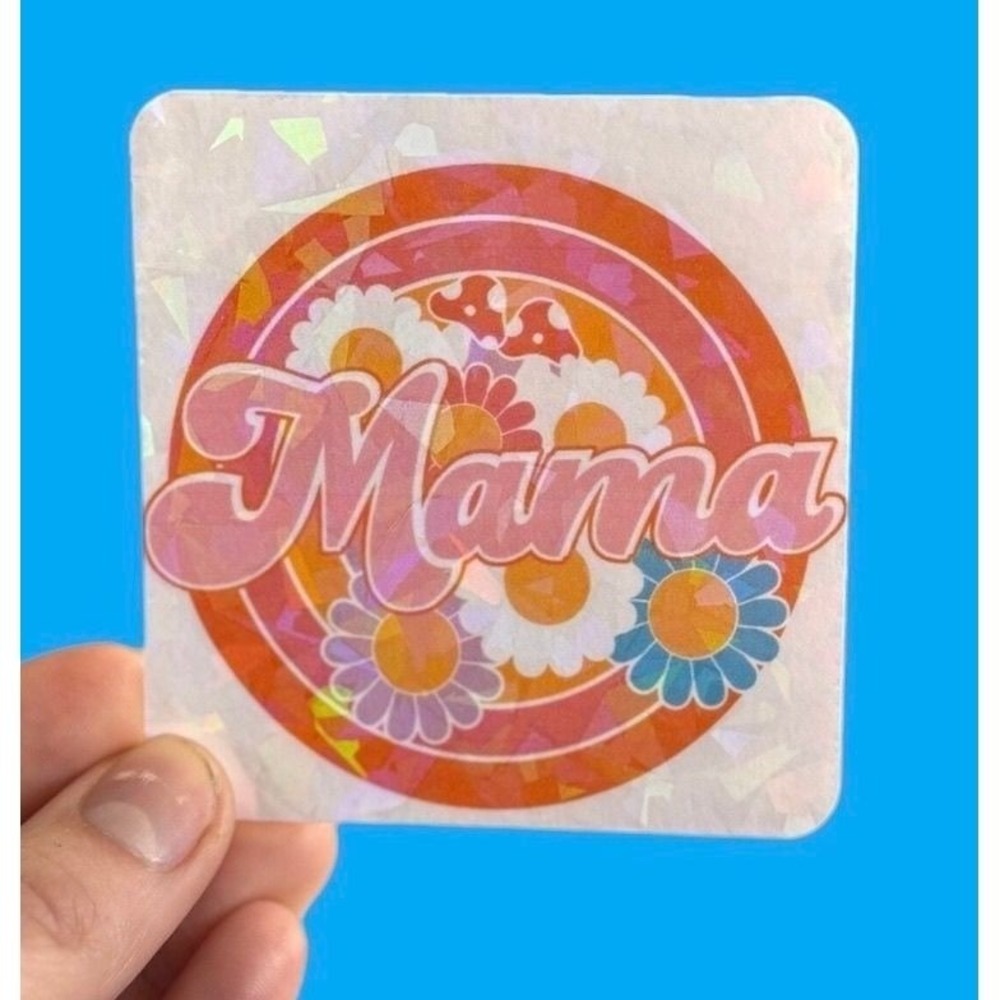 Retro Mama Holographic Sticker Floral Groovy 70s Iridescent Glitter Decal
